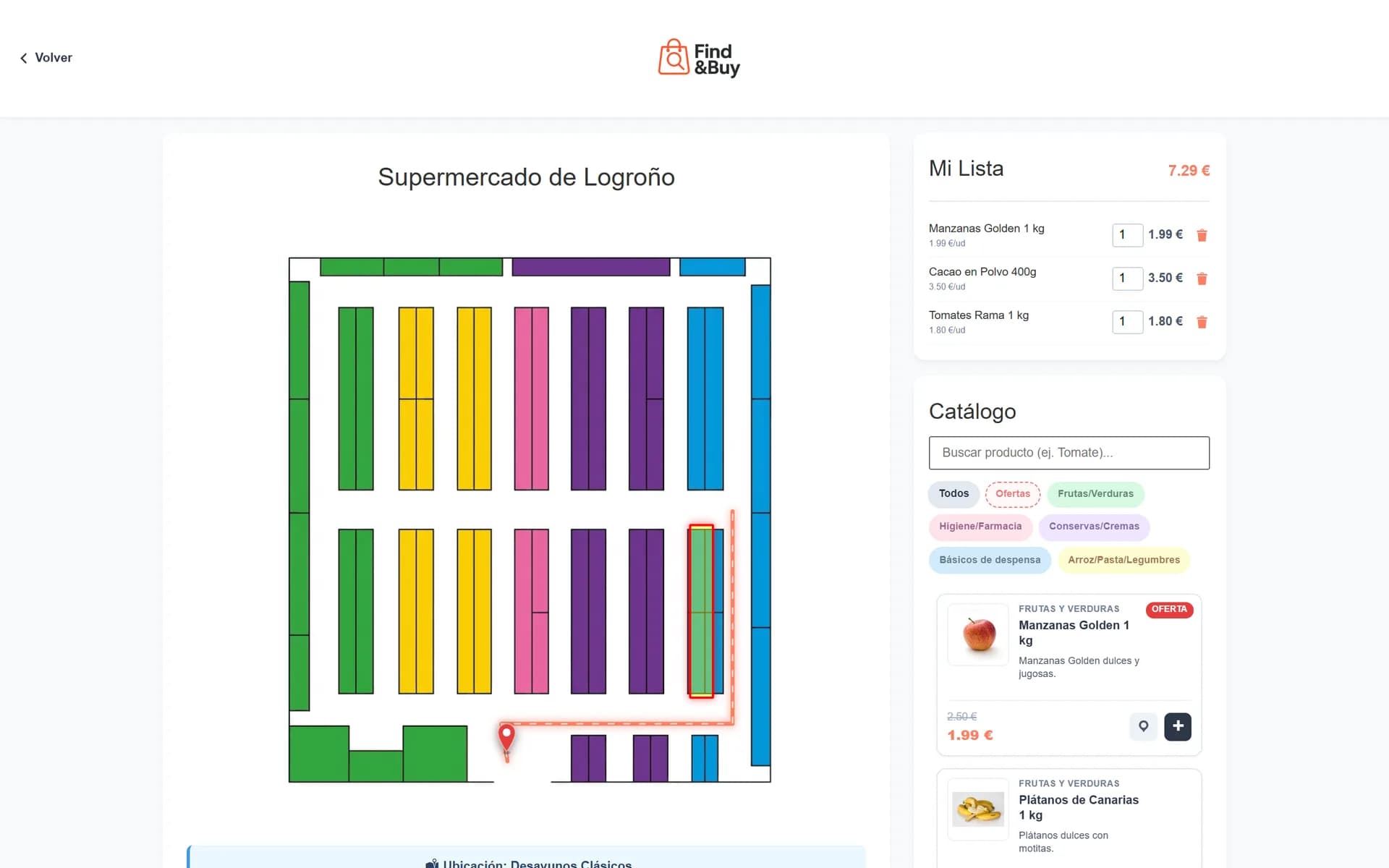 Croquis interactivo de tienda: ruta desde tu posición hasta el producto