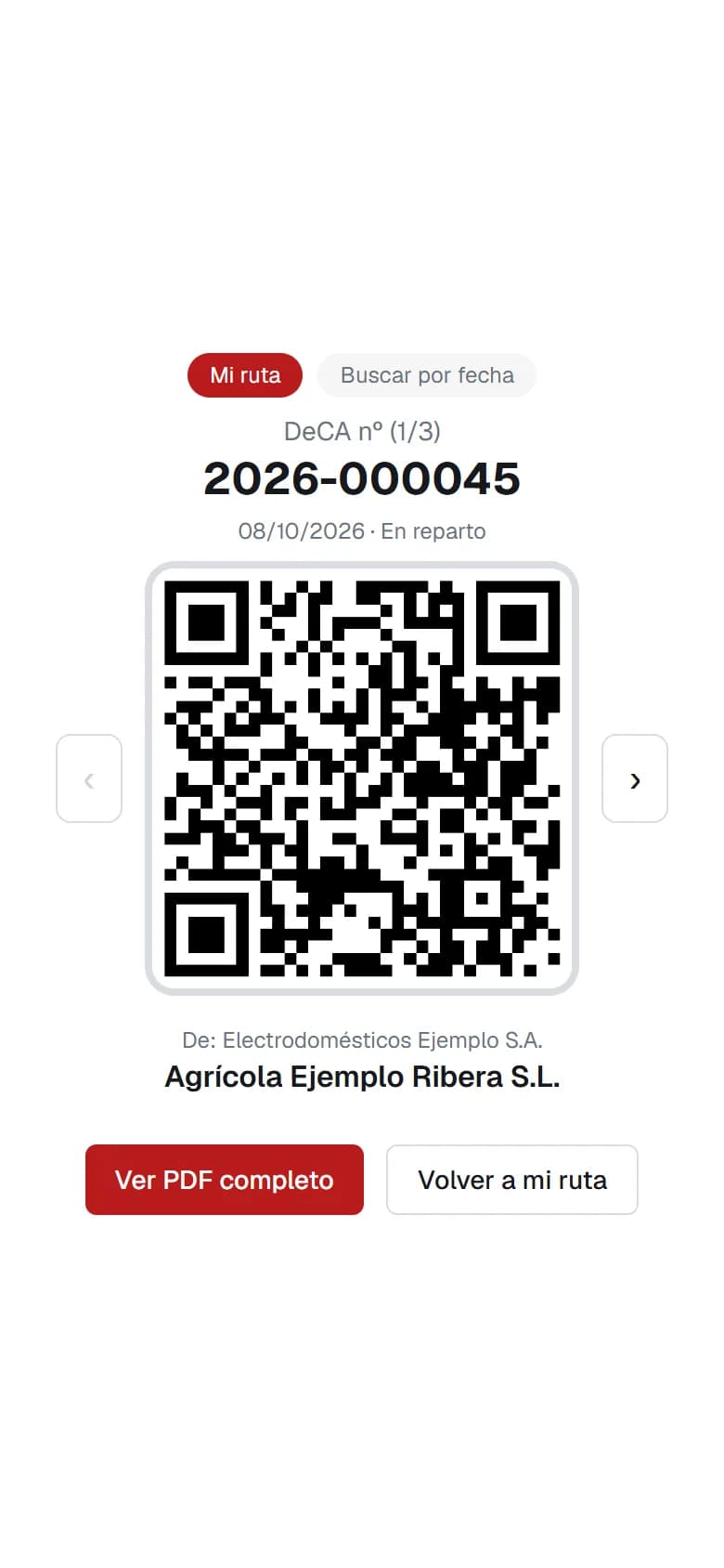 Documento de control con código QR, listo para enseñar en el móvil