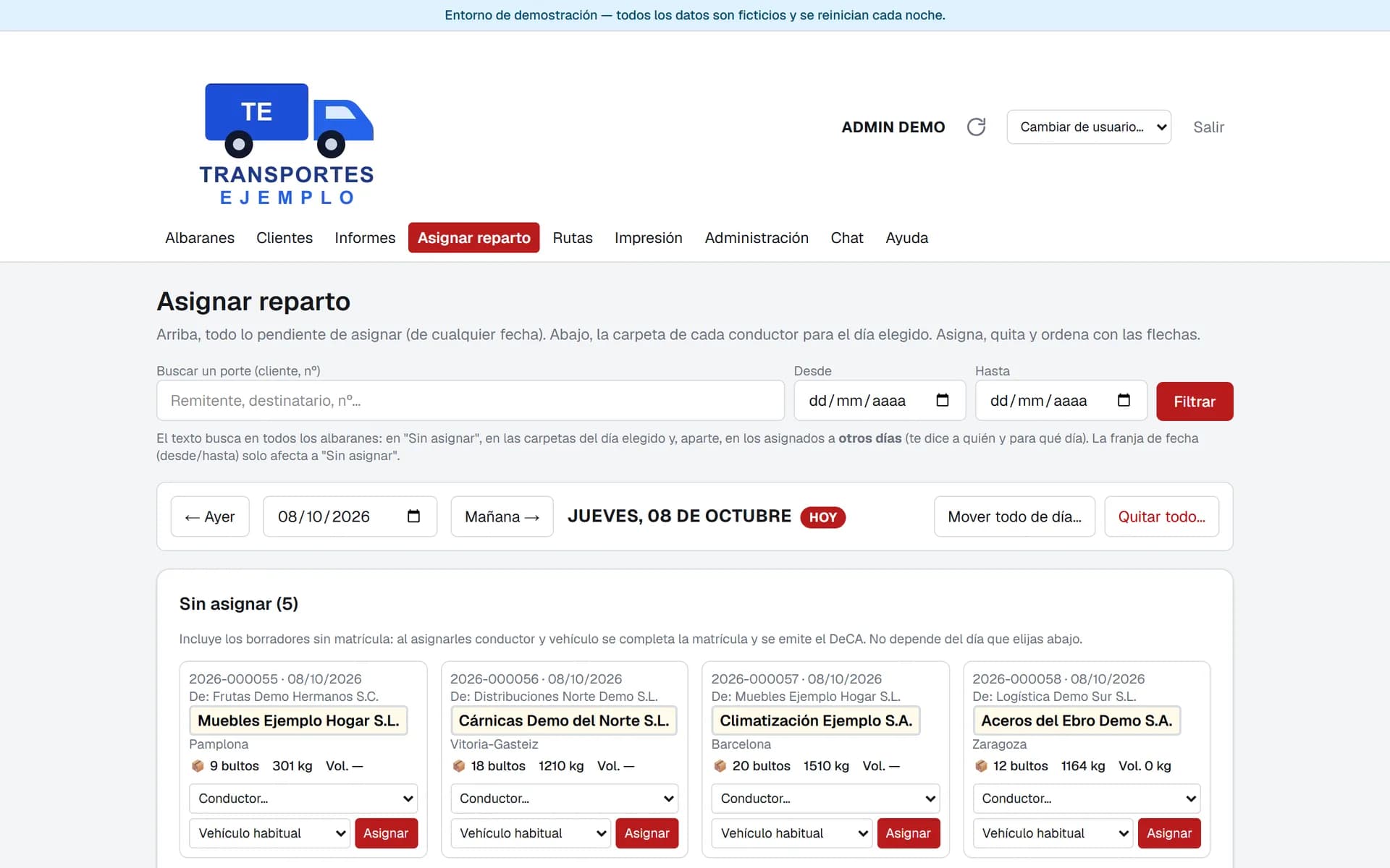 Oficina: asignación de servicios a conductores y vehículos